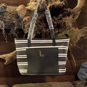 loulu Black and White Striped Tote with Front Pocket